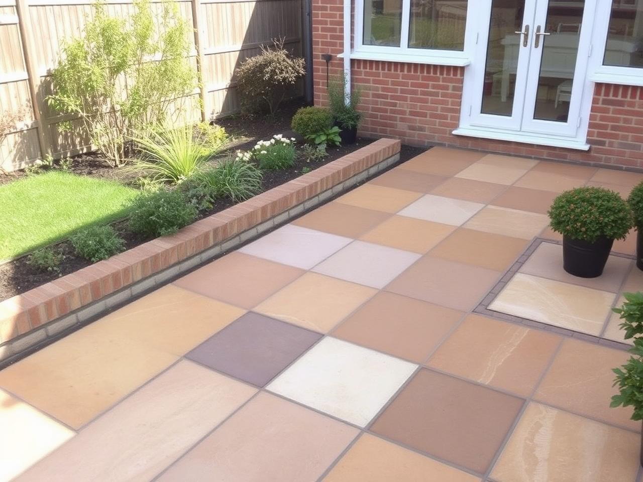 Indian sandstone patio paving laid in a garden