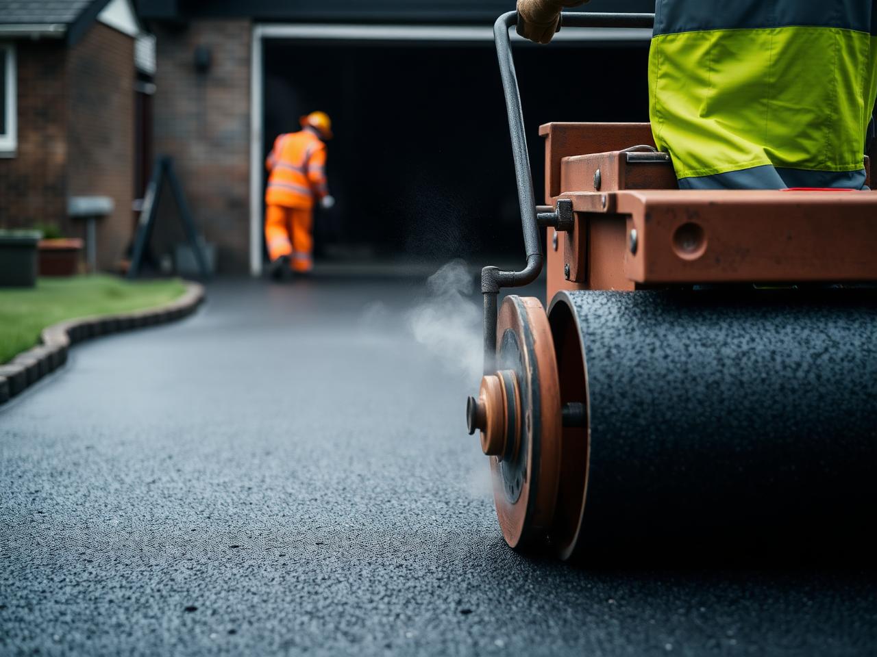 Tarmac driveway installation, freshly rolled and finished
